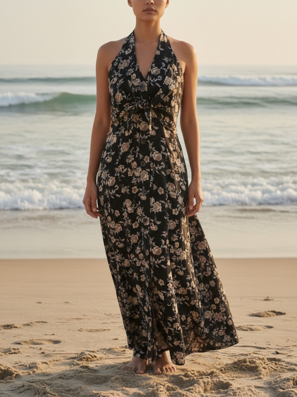 Vintage 90’s size 7 (M) Benson & Smith Black Floral Midi Dress w/ Halter Tie Fro